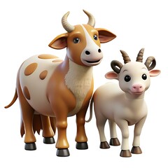 Fototapeta premium Adorable Cartoon Cow and Goat Friends Together in 3D Render