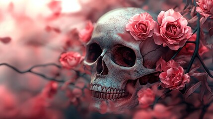 Skull adorned with roses, nature background, Day of the Dead concept