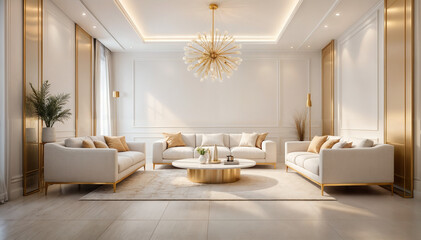 This image depicts a modern and minimal living room with white sofas, a round coffee table and a decorative chandelier.	
