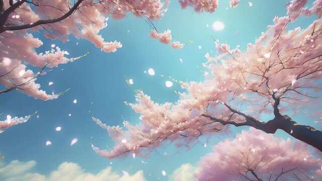 春の空を望み見上げる満開の桜と空雲の背景　新年度・入学・入社・入園・卒業のイメージ 花びら舞う桜吹雪　太陽レンズフレア