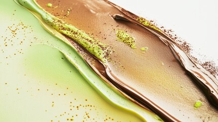 Dubai Chocolate Kunafa Pistachio on white background,Dubai Chocolate bar with green kadayif and pistachio spread,popular and viral chocolate 2024,space for text.