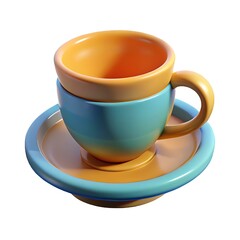 A stylized 3D render of a teal and orange teacup and saucer
