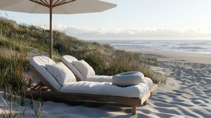 Beach lounge chairs under umbrella on sandy shore, ocean waves in background, relaxation