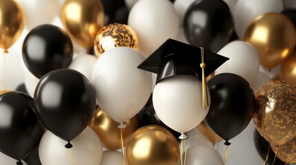 Black, Gold and White Balloons with Graduation Cap, graduation, celebration, party, caps and gowns