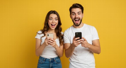 photo of a couple looking surprised at their smartphone screens, like they got a big discount while shopping