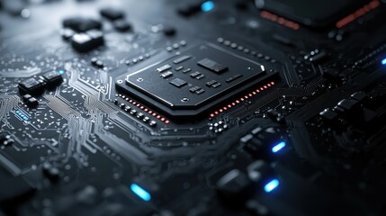 A close-up view of a computer motherboard featuring intricate circuits, chips, and glowing elements, showcasing advanced technology.
