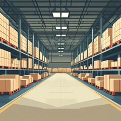 Fototapeta premium Spacious warehouse interior filled with stacked boxes and organized shelving units.