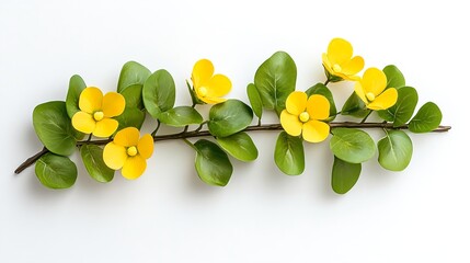 Yellow Flowers And Green Leaves On White Background