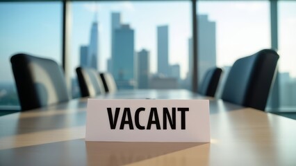 A modern office boardroom with a vacant sign suggesting job opportunities