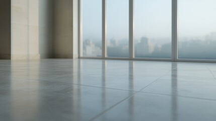 A modern, minimalist interior with smooth concrete flooring and large windows showcasing a foggy urban landscape.