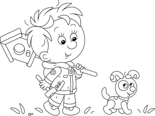 Happy little boy with a funny puppy walking and carrying a small wooden homemade birdhouse to nail it to a tree in a spring park, black and white outline vector cartoon illustration for a coloring boo
