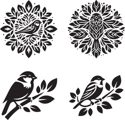 Collection of bird silhouettes on branches with a decorative mandala bird showcasing floral and leaf motif designs