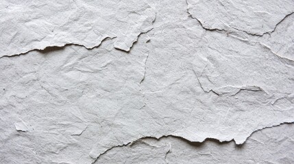A close-up of textured, peeling white paper, showcasing a rough surface with irregular patterns and layers.