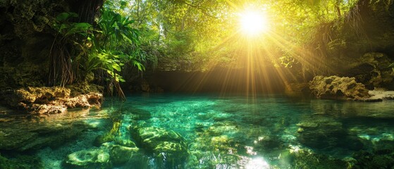Sunlit Lagoon: A stunning lagoon, with crystal-clear, turquoise water, is bathed in warm sunlight as it filters through lush vegetation, evoking a sense of serenity. 