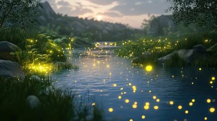 Obraz premium Mystical Glow: Fireflies dance over the water in a serene and breathtaking landscape. A captivating blend of natural beauty and whimsical fantasy.