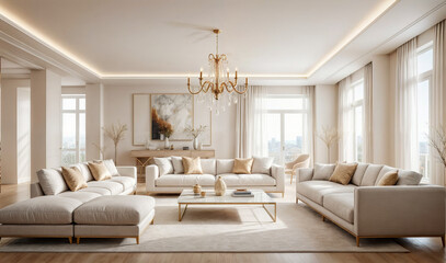 This image depicts a luxurious and modern living room with three white sofas decorated with golden cushions, a large crystal chandelier, a white coffee table and a window with light colored curtains.	