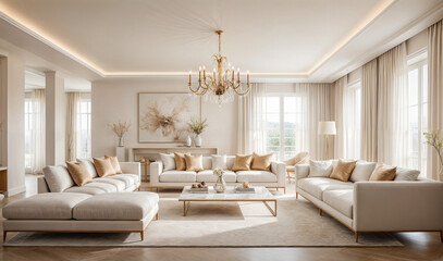 This image depicts a luxurious and modern living room with three white sofas decorated with golden cushions, a large crystal chandelier, a white coffee table and a window with light colored curtains.	