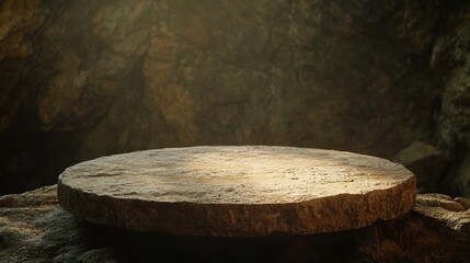 A circular stone platform illuminated by soft light, surrounded by a natural, rocky environment, creating a mystical and serene atmosphere.