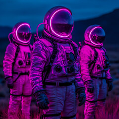 Fototapeta premium Retro-futuristic Astronauts Exploring the Unknown in Neon-Infused Space Suits