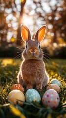 Easter bunny and eggs, modern minimalist style, soft colors, warm lighting create a cozy holiday atmosphere, suitable for children's holiday parties, holiday cards or decorations.