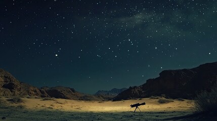 Night Sky Gazing: Telescope Under a Starry Desert Landscape