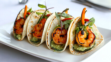 Delicious shrimp tacos with fresh greens and vibrant toppings, perfect for modern street food lovers