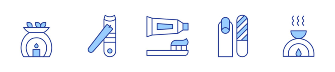 aromatherapy, nail clipper, toothpaste, manicure. Beauty Icon vector illustration. Line Duotone style. Editable stroke