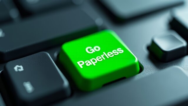 Bright Green 'Go Paperless' Keyboard Button: Sustainable Digital Transition
