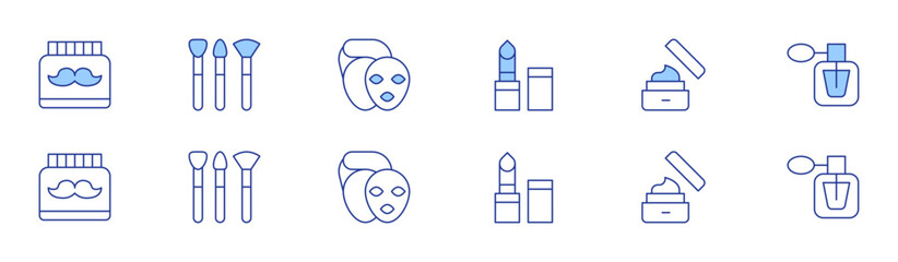 Beauty icon set in two styles, Duotone and Thin Line style. Editable stroke. lipstick, beauty, lotion, fragrance, make up, facial treatment