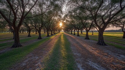 Naklejka premium Sunrise path through trees, rural landscape, golden light