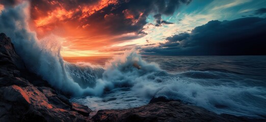 Fototapeta premium Dramatic ocean waves crashing against rocky shore at sunset with vibrant sky colors, copy space for text