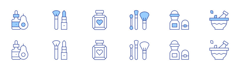 Beauty icon set in two styles, Duotone and Thin Line style. Editable stroke. oil, makeup, perfume, beauty, mortar