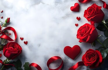 Red Roses and Hearts: A romantic and elegant backdrop for Valentine's Day, featuring a collection of red roses and hearts arranged in a circular shape on a textured surface.