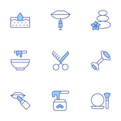 Beauty icons set. Line Duotone style, editable stroke. make up, botox, lipstick, beauty, facial roller, moisturizing, hot stones, wax