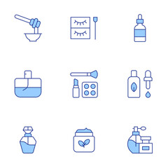 Beauty icons set. Line Duotone style, editable stroke. serum, perfume, eyelashes, make up, lotion, cologne, beauty, honey