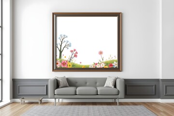 3d render. Modern living room with a plush couch and a vibrant painting on the wall, creating a cozy ambiance