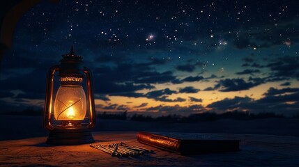 Elegant islamic lantern and tasbih prayer beads on wooden table against a starry night sky, symbolizing spiritual reflection and ramadan tranquility
