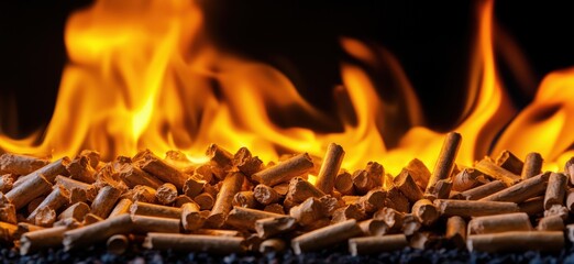 Burning wood pellets creating vibrant flames and glowing embers in dark background, copy space for text