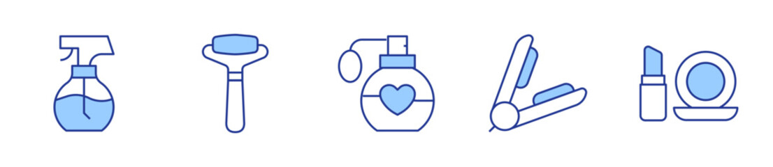 hair straightener, make up, beauty, face roller, perfume. Beauty Icon vector illustration. Line Duotone style. Editable stroke