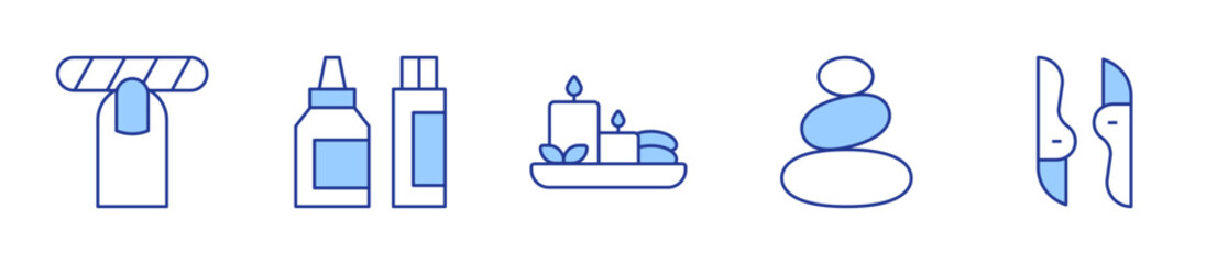 manicure, hair product, spa, stones, eyebrows. Beauty Icon vector illustration. Line Duotone style. Editable stroke