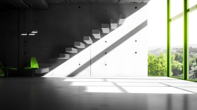 Modern interior with concrete walls, stairs, and large windows showcasing nature.