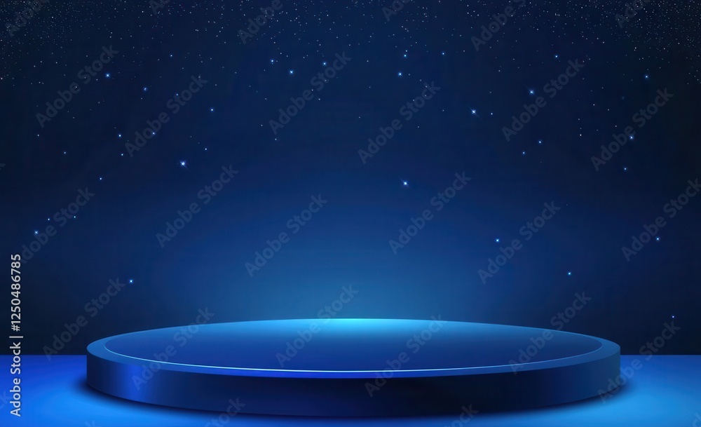 Poster glowing blue platform with dark background and sparkles.