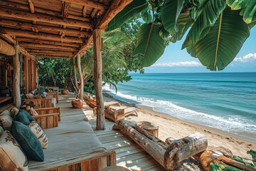 Fototapeta premium Beachfront bungalow relaxation with ocean view, ideal for travel ads