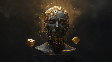 Dark, dramatic bust of a head, covered in golden flakes, on a pedestal, with golden cubes floating in the air.
