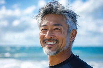 Smiling Man with Gray Hair, Ocean Background,  Shows Happiness and Joy Near Blue Water,  A Portrait of Serene Maturity Outdoors.