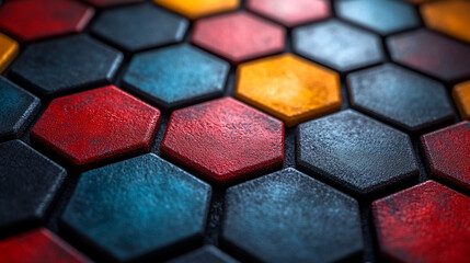 Fototapeta premium Abstract Hexagon Pattern Red Blue Orange Texture Background Design 3D Art Tile Tech Style Image 