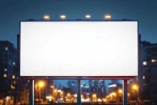 Blank white billboard on city buildings background at night, front view. Mockup, advertising concept