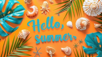 Tropical palm leaves, seashells, and starfish with Hello Summer text on an orange background, evoking a vibrant summer theme.