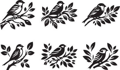 Fototapeta premium Elegant bird on branch vector set with intricate leaf details perfect for tattoo designs and nature themed illustrations