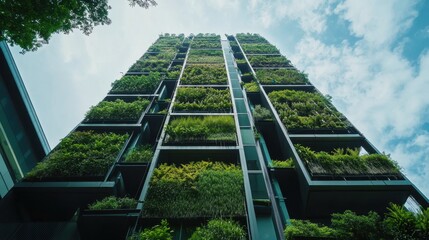 Skyward Green Oasis: An architectural marvel, a skyscraper adorned with vertical gardens, showcasing sustainable design and urban greening with a perspective.